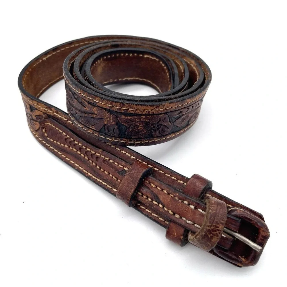 Vintage Hand Tooled Brown Leather Western Belt Cowboy Floral Carved XL 43-48.5